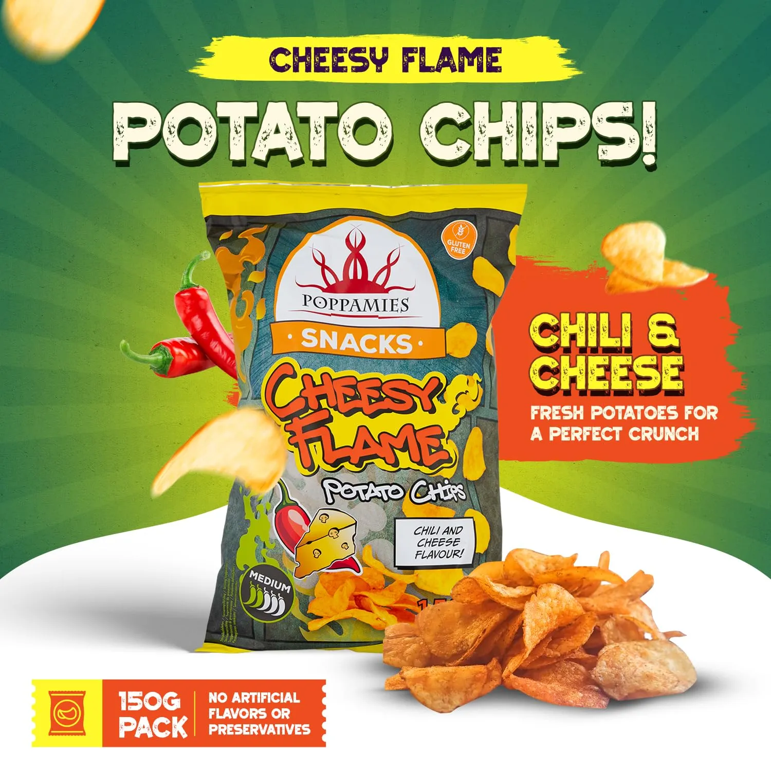Poppamies Snacks Cheesy Flame patatine 150 g formaggio e chili