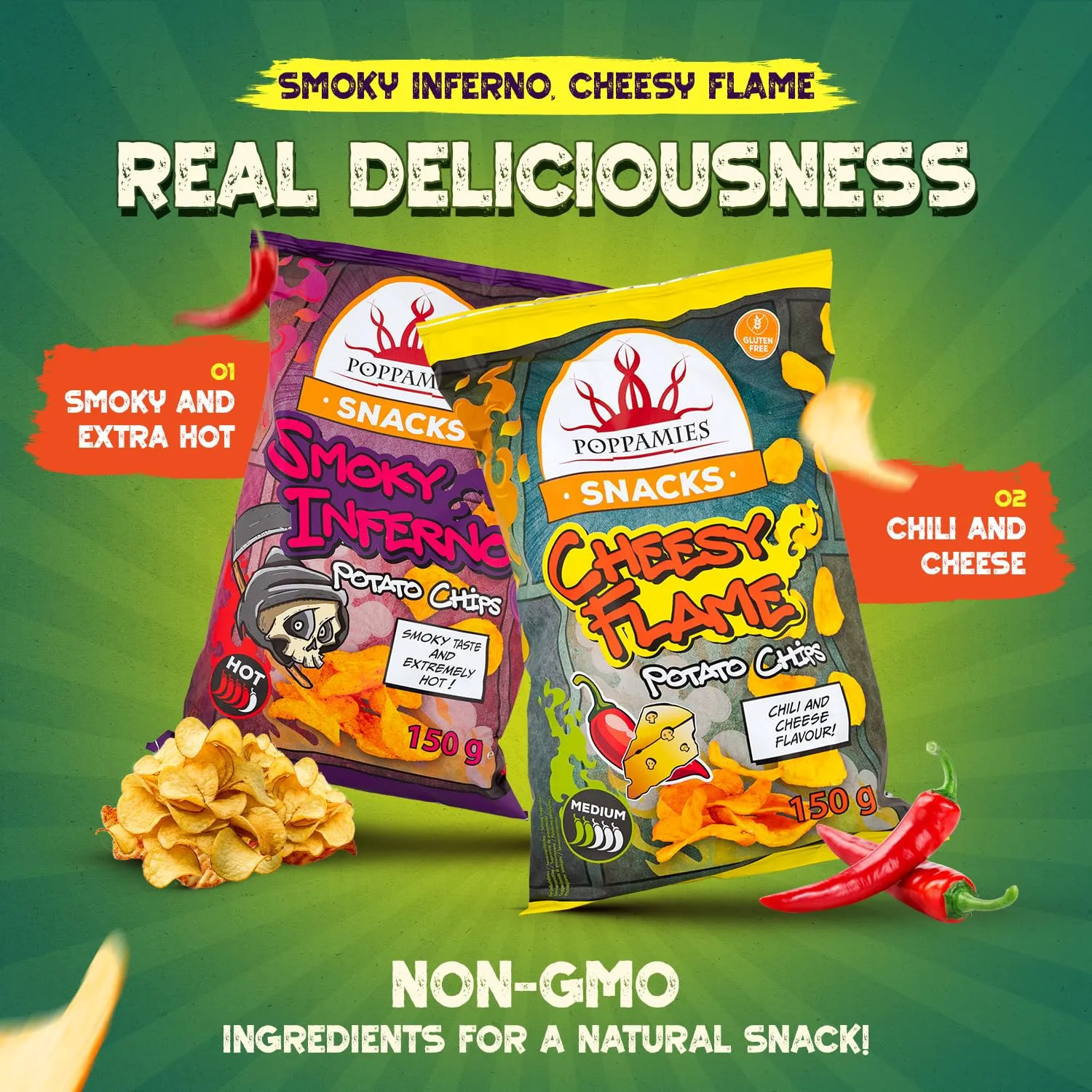 Poppamies Snacks Cheesy Flame patatine 150 g formaggio e chili