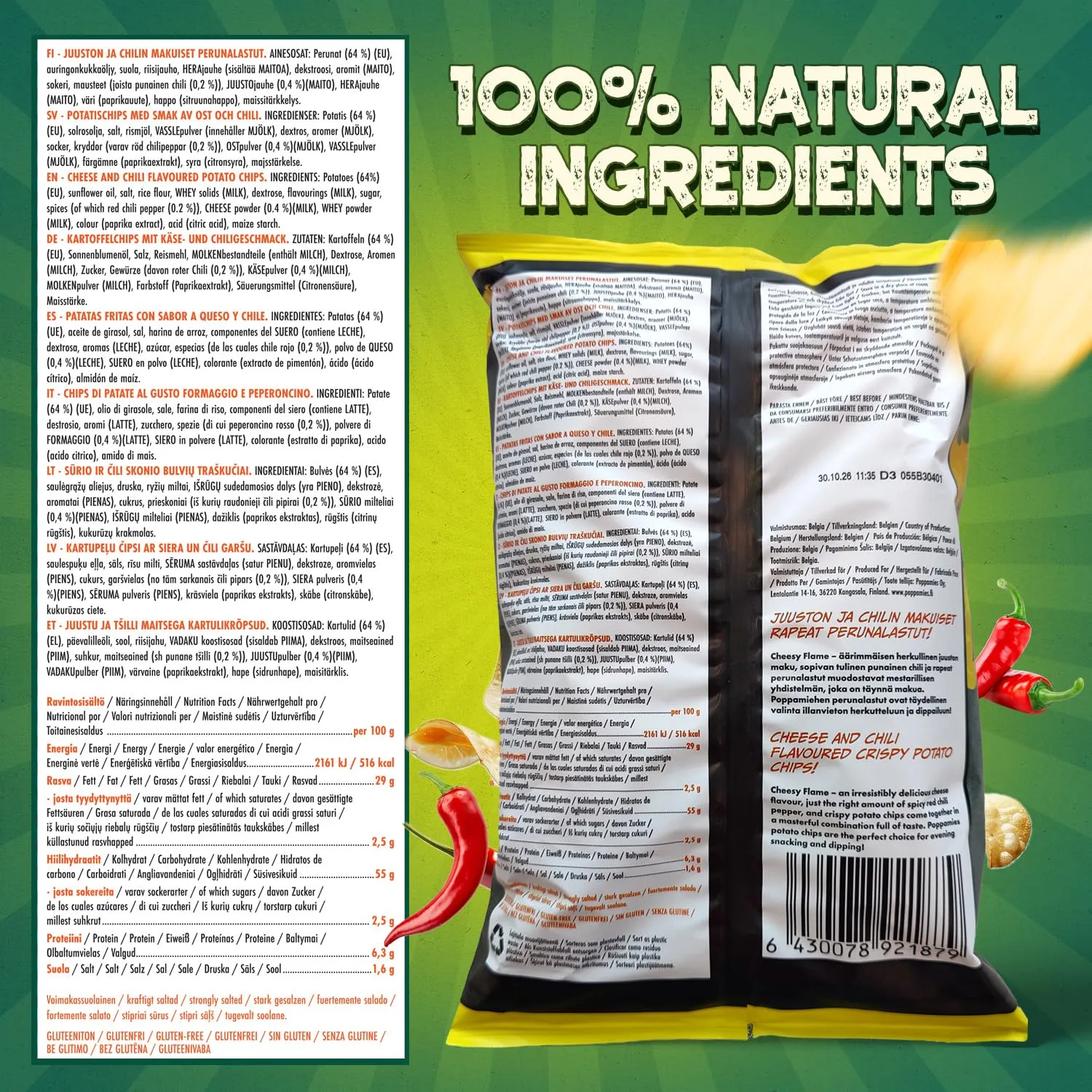 Poppamies Snacks Cheesy Flame patatine 150 g formaggio e chili